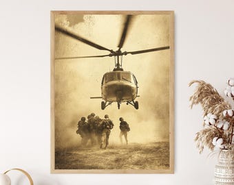 Vietnam War Helicopter Rescue, Vintage Military, Sepia Toned Photograph