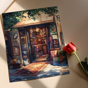 Islamabad Souvenir Shop Art Print, Pashmina Scarf Decor Poster, Hand-Knotted Carpet Illustration image 2