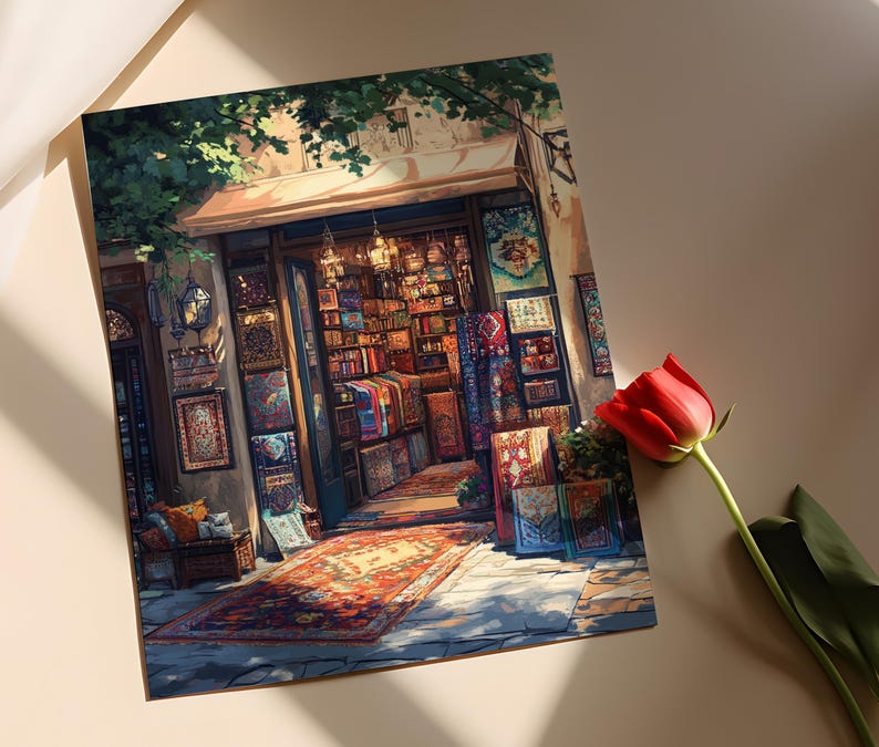 Islamabad Souvenir Shop Art Print, Pashmina Scarf Decor Poster, Hand-Knotted Carpet Illustration image 2