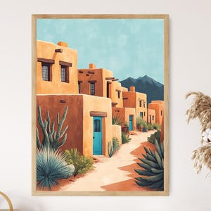 May include: A painting of a row of adobe houses with blue doors in a desert landscape. The houses are painted in shades of orange and brown, and the sky is a light blue. There are cacti and other desert plants in the foreground.