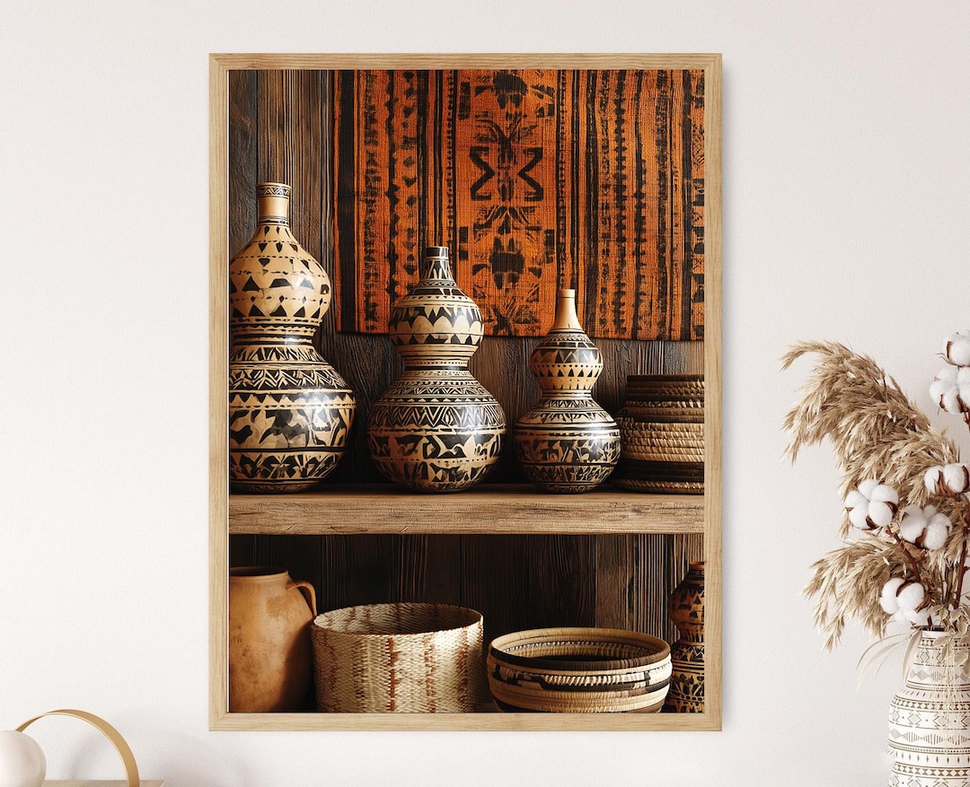 African Calabash Gourd Shelf Mudcloth Pattern Carved Vessel Kitchen ...