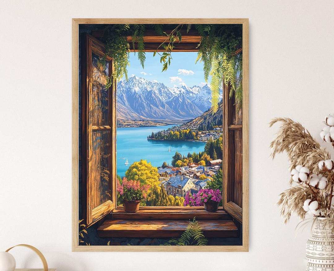 Queenstown Window Illustration: Lake Wakatipu View, Snow Mountains New ...