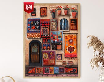 Palestinian Rug Store Art Print, Handwoven Textiles, Traditional Patterns