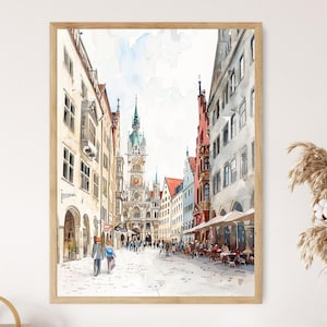 Puede incluir: Una pintura de acuarela de una escena callejera en una ciudad europea. La calle está bordeada de edificios altos, y hay una torre del reloj en la distancia. La gente camina por la calle, y hay tiendas y cafés a ambos lados.