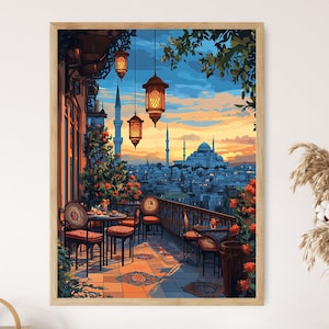 Peut inclure: Une peinture représentant un balcon donnant sur une ville avec une mosquée au loin. Le balcon est aménagé avec une table et des chaises, offrant une vue sur la ville. Des lanternes sont suspendues au plafond. La peinture est réalisée dans un style pictural, mettant en valeur les détails architecturaux et le paysage urbain.