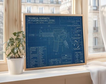 AR-15 Rifle Blueprint Kunstdruck, Technische Zeichnung, Militärwaffe Illustration
