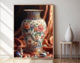 中国の七宝焼きの花瓶の工芸品のアートプリント、花と龍の装飾ポスター