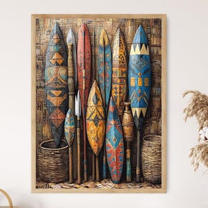 May include: A wall art print featuring a collection of colorful, patterned wooden shields with intricate designs. The shields are arranged vertically and are displayed against a rustic wooden background.