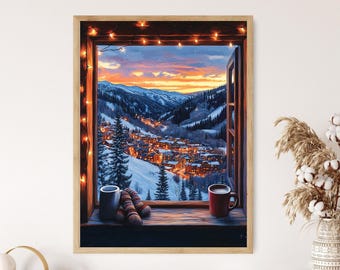 May include: A framed winter landscape painting. The artwork depicts a snowy mountain village scene viewed through a wooden window. A mug and a cup are on the windowsill. The sky is a mix of orange and blue.