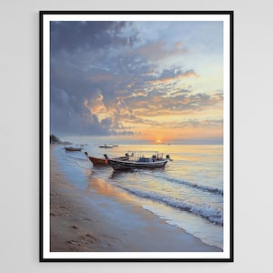 Hua Hin Beachfront Art Print, Thailand, Sunrise Glow, Fishing Boats