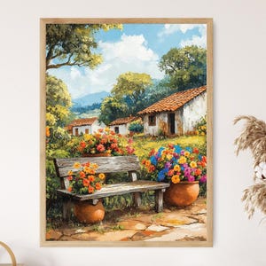 May include: A rustic wooden bench with a weathered finish sits in a garden setting. The bench is surrounded by colourful flowers in pots, including red, orange, yellow, and pink blooms. The background features a quaint cottage with a red tiled roof and a lush green landscape.