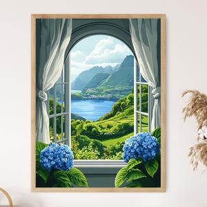May include: A window with white curtains looks out onto a scenic view of a lake surrounded by lush green hills. Blue hydrangeas are in the foreground.