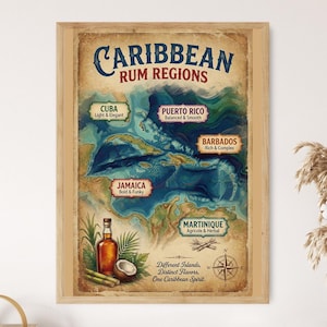 May include: A framed wall art print titled Caribbean Rum Regions featuring a map of the Caribbean Sea. The map highlights Cuba, Puerto Rico, Barbados, Jamaica, and Martinique with descriptive text. Includes a rum bottle, coconut, and compass.