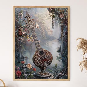 Intricate Sitar on Ornate Stand, Traditional Indian Musical Instrument Painting