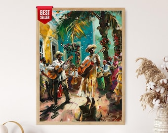 Puerto Rican Parranda Art Print: Caribbean Music Scene, Tropical Home Decor
