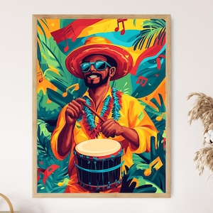 Plena Drummer Illustration, Puerto Rican Music Folk Art
