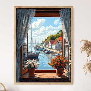 Impresión artística de ventana rústica del puerto de Klaipeda, póster de decoración costera lituana