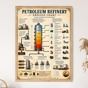 Può includere: Un poster educativo incorniciato intitolato Petroleum Refinery Process Chart, che presenta un diagramma dettagliato della raffinazione del petrolio greggio. Il grafico illustra la conversione del petrolio greggio in vari prodotti come benzina, diesel e cherosene con etichette tecniche e icone colorate su uno sfondo in stile vintage.