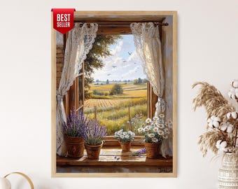 Può includere: Una stampa incorniciata di una scena di finestra con un paesaggio rurale. La finestra presenta tende di pizzo, lavanda e margherite in vaso e una vista di un campo sotto un cielo blu. La stampa ha un'etichetta "BEST SELLER".