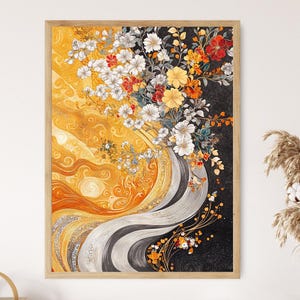 クリムトにインスパイアされた抽象アートプリント、金と銀の渦巻き、花のモチーフ
