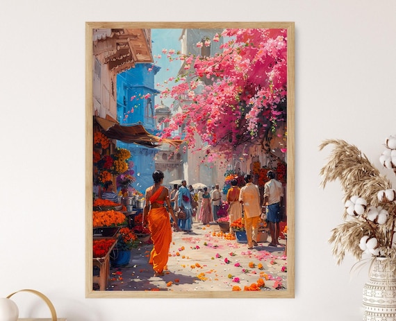 タミル・ナードゥ州の色彩、活気に満ちたインドの花市場の絵画 - Etsy 日本