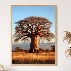 May include: A framed print featuring a baobab tree in a savanna setting. The tree has a substantial trunk and wide-reaching branches, set against a blue sky and golden savanna grass. The artwork is presented in a wooden frame.