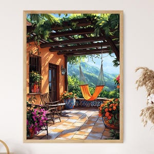 May include: A colorful hammock hangs on a wooden pergola overlooking a lush green mountain landscape. The patio is decorated with potted plants and a wooden chair.