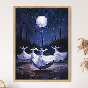 May include: A painting depicting three figures in white robes dancing beneath a full moon in a night sky. The figures are silhouetted against the moon, and the sky is dotted with stars.