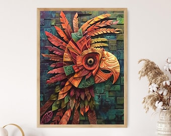 Impressão artística de papagaio asteca: decoração cultural vibrante
