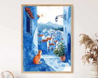 シェフシャウエン ブルーシティ アートプリント、モロッコの猫の