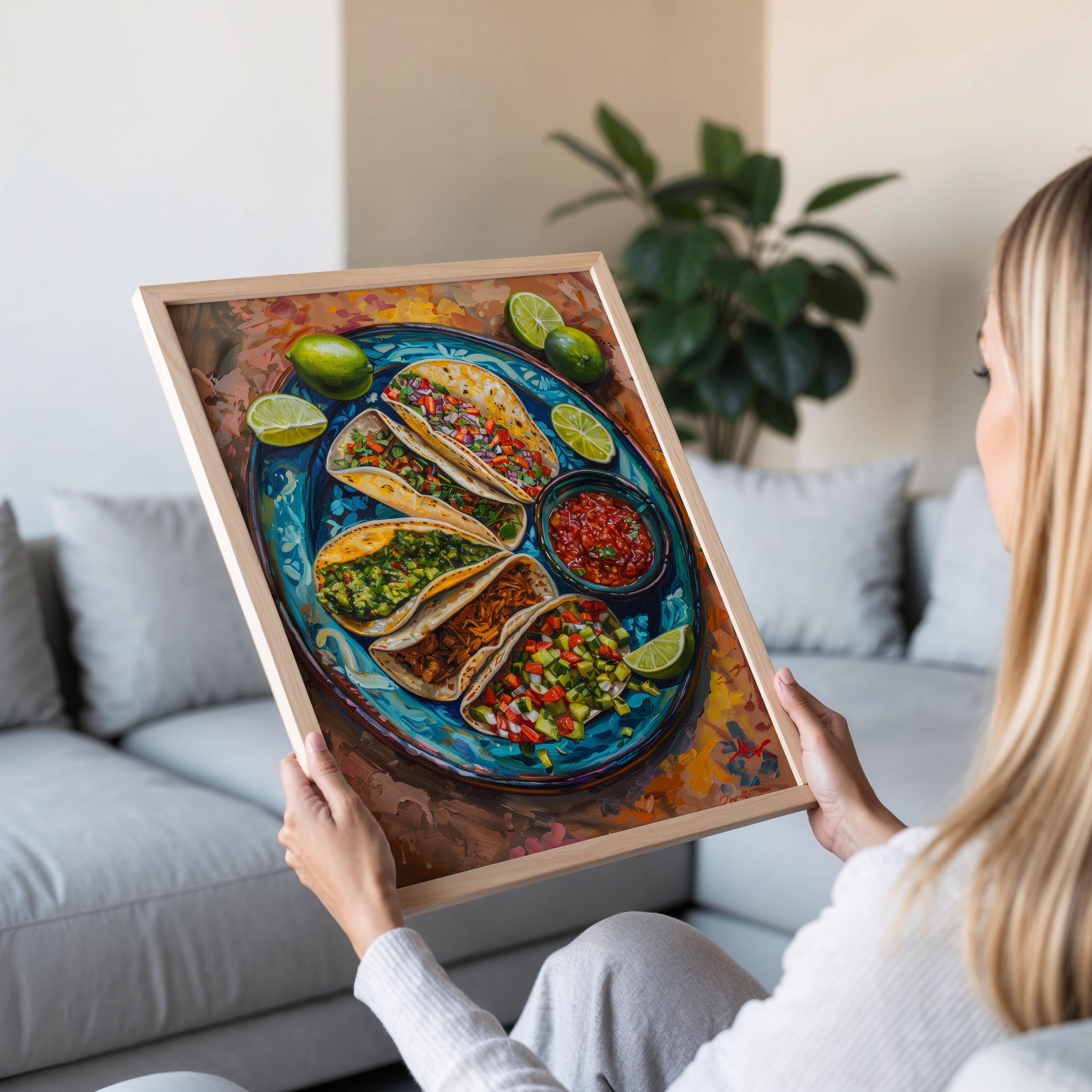 カラフルなタコスプラッターアート、メキシコ料理の絵画、メキシコ料理