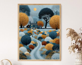 Abstract Landscape Art Print: Cozy Cottage, Autumn Trees, Moonlit Path