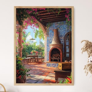 Puede incluir: Una impresión enmarcada de una escena de patio con chimenea, mesa y sillas. El patio tiene un suelo de baldosas rojas, una pared de baldosas azules y está rodeado de exuberante vegetación y flores rosas. Una mesa de madera está decorada con flores.