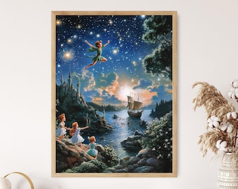 Peter Pan Flying in Neverland Art Print, Fantasy Adventure Illustration