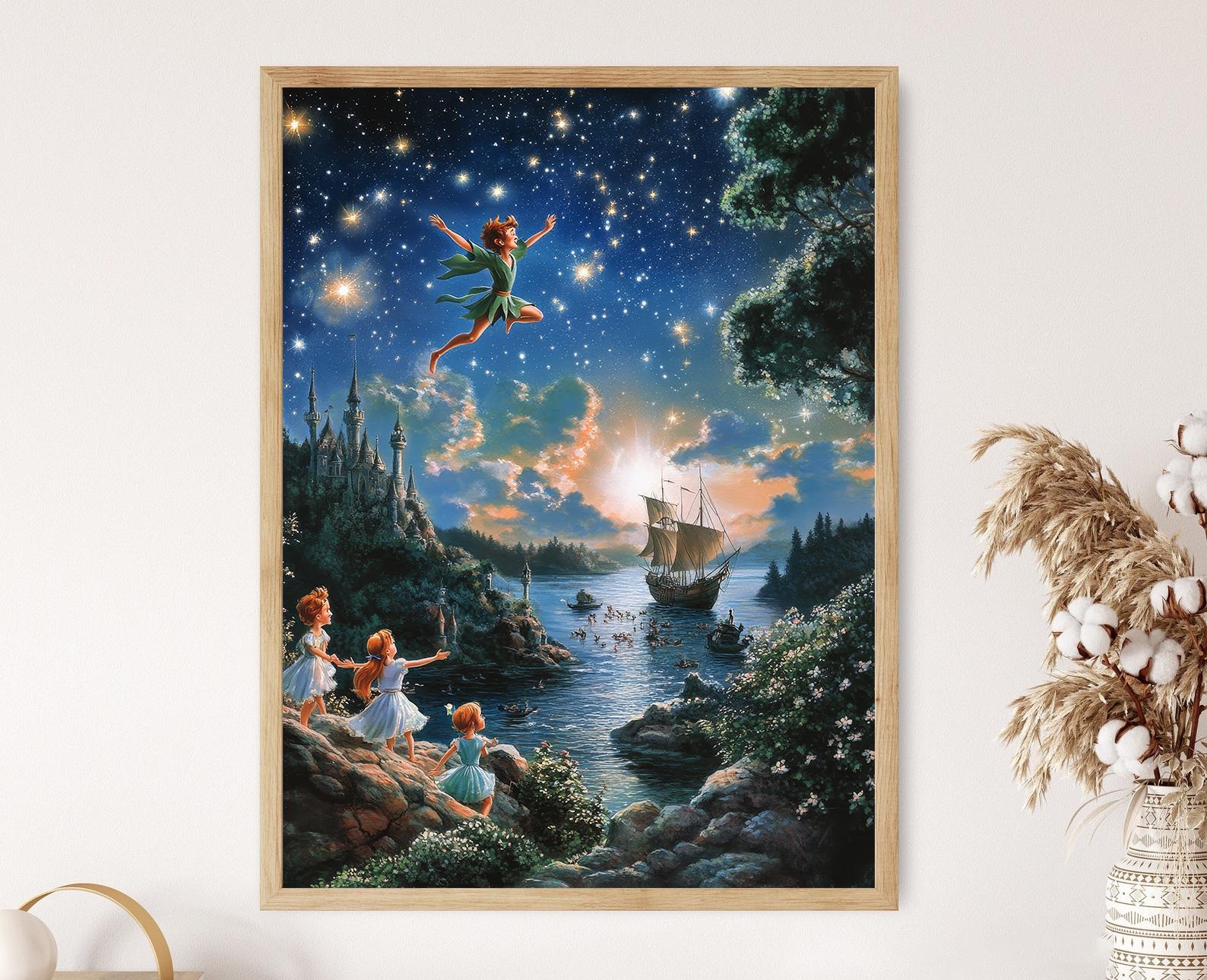 ネバーランドを飛ぶピーターパンのアートプリント、ファンタジー