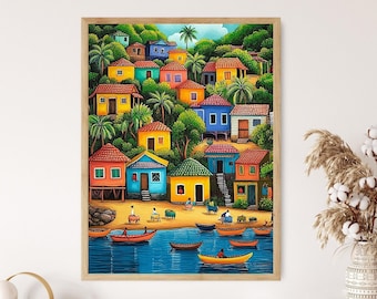 Haitian Naive Art Print: Caribbean Fishing Village Scene - Etsy