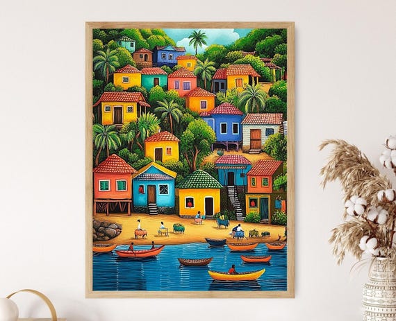 Haitian Naive Art Print: Caribbean Fishing Village Scene - Etsy