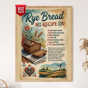 Rye Bread Recipe Poster, Vintage European Bakery Print, Rustic Kitchen Wall Art