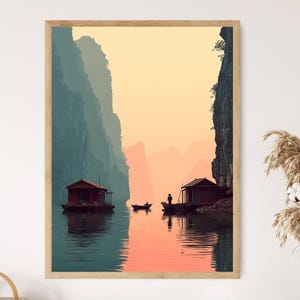 Ha Long Bay Sunrise Art Print: Vietnam Floating Boathouse Illustration