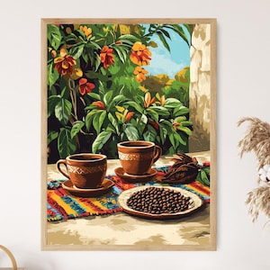 Honduran Coffee Art Print: Clay Cups & Woven Runner