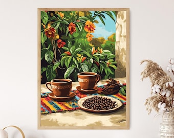 Honduran Coffee Art Print: Clay Cups & Woven Runner