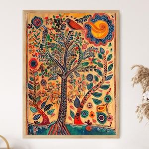 Indian Madhubani Art Print, Traditional Folk Artwork
