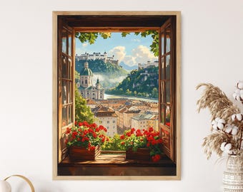 Könnte beinhalten: Ein gerahmter Druck eines europäischen Stadtbildes, das durch ein offenes Fenster betrachtet wird. Das Kunstwerk zeigt eine detaillierte Illustration von Gebäuden, einem Fluss und Bergen unter blauem Himmel. Rote Blumen befinden sich in Blumenkästen.