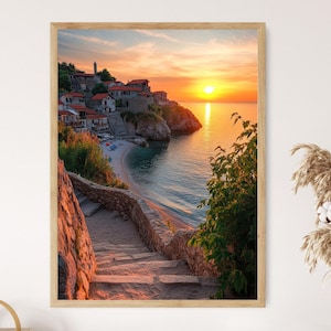 Impresión artística del atardecer en Ulcinj, Montenegro, vibrante ciudad costera con ambiente mediterráneo