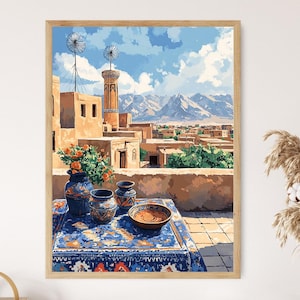 Yazd Rooftop Illustration, Windcatchers and Adobe Art Print, Iranian Cultural Decor
