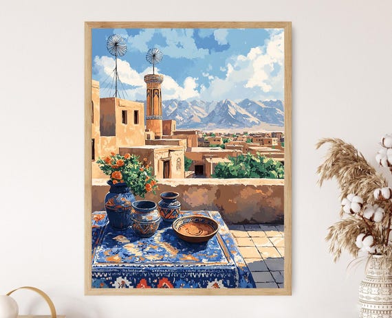 Yazd Rooftop Illustration, Windcatchers and Adobe Art Print