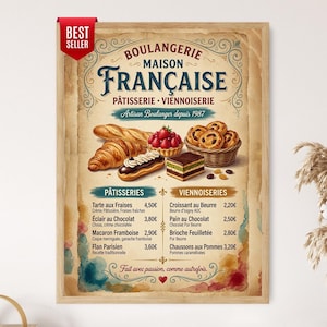 May include: A framed wall poster titled Boulangerie Maison Française featuring illustrations of a baguette, croissant, strawberry tart, eclair, and pastries in a basket. The menu lists prices for items like Tarte aux Fraises and Croissant au Beurre.
