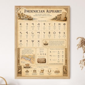 May include: A framed educational poster titled PHOENICIAN ALPHABET, featuring a beige background with brown text and illustrations. It displays the 22 letters, their names, phonetic sounds, a map, historical timeline, and examples of descendant scripts.