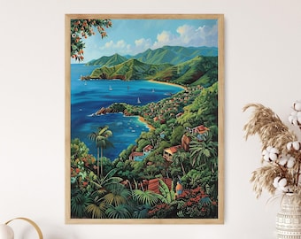 May include: A framed painting depicting a tropical island scene with lush green foliage, a blue ocean, and a small town nestled in the hills. The painting is set against a white wall.