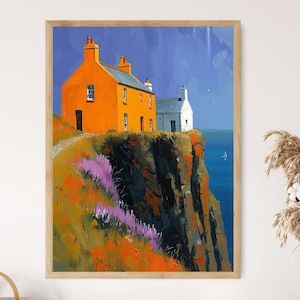 Scottish Coastal Scene Giclée Print, European Village Art, Atmospheric painting